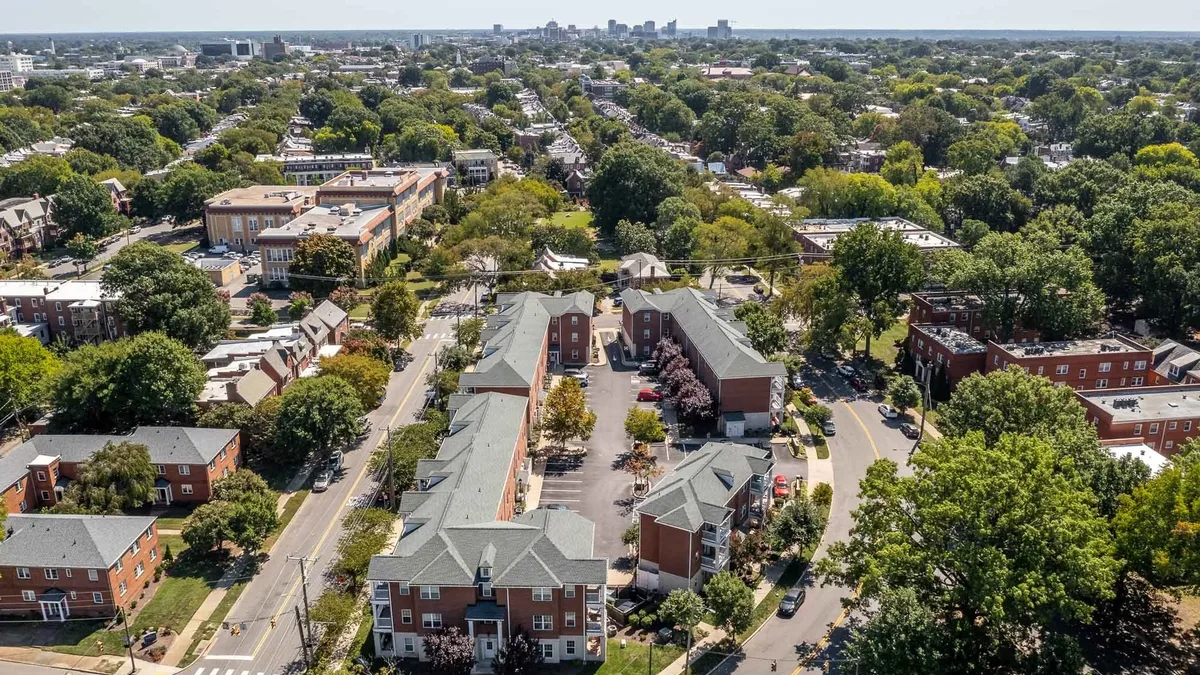 Aerial view of Fairfax County apartment and townhome community